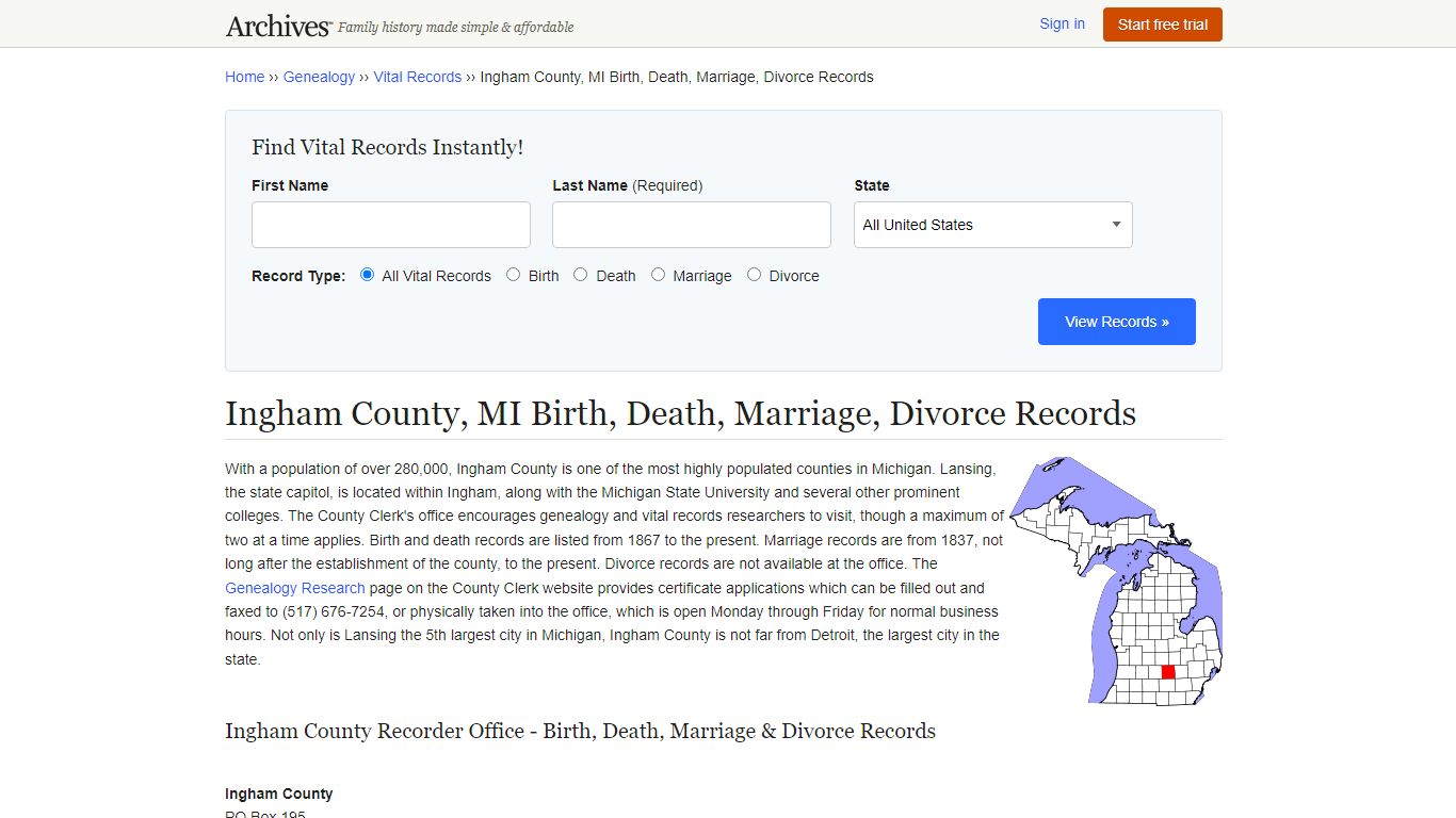 Ingham County, MI Birth, Death, Marriage, Divorce Records